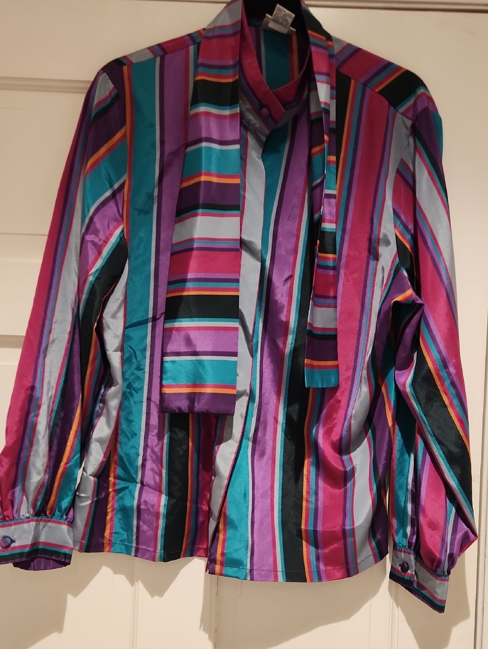 Koret Career Striped Satin Blouse in Magenta, Teal, Purple and Black Size 16
